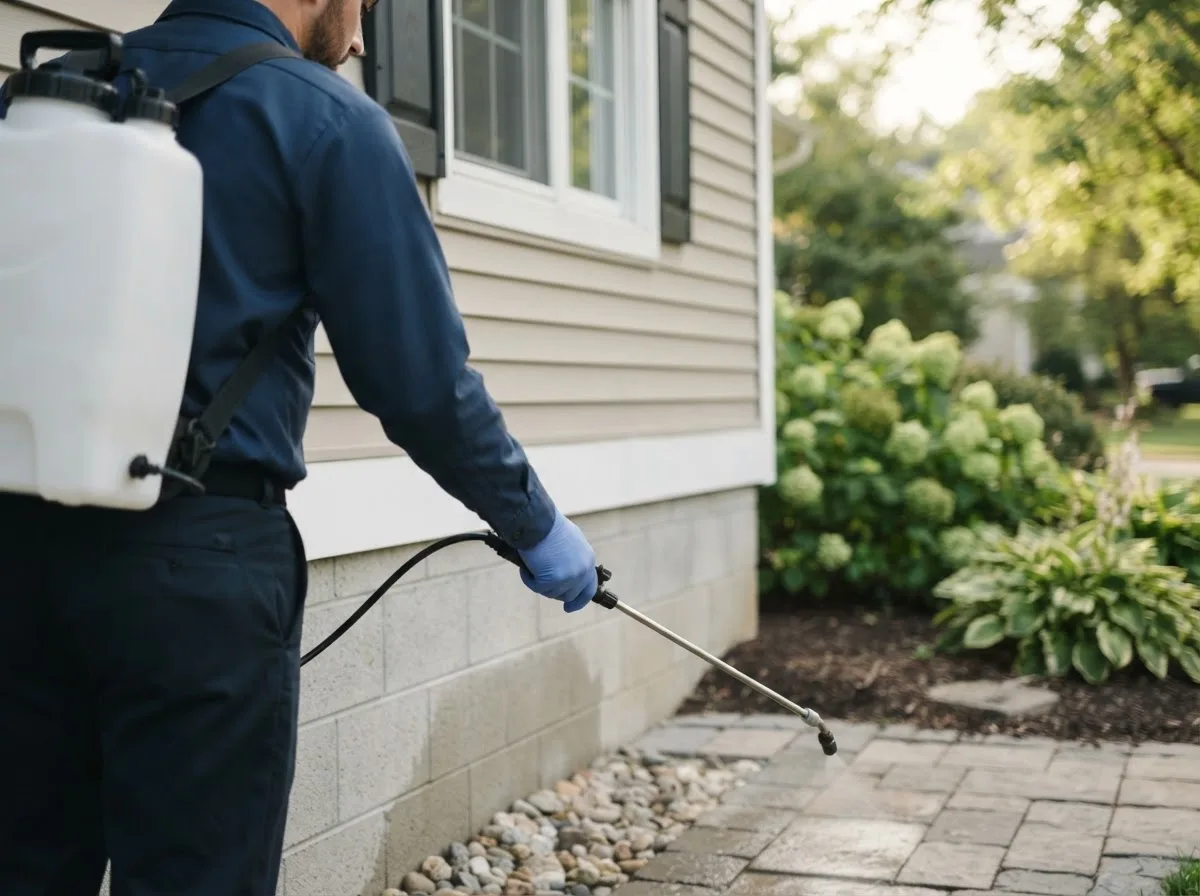 Pest control technician inspecting a home in Emerson, NE
